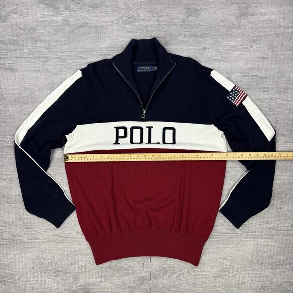 Polo Ralph Lauren Mens 1/4 Zip Sweater USA Flag Colorblock Spellout Sz L PREPPY - Picture 3 of 12